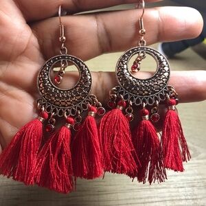 Bohemian Gypsy Red Rhinestone Tassel Statement Earrings